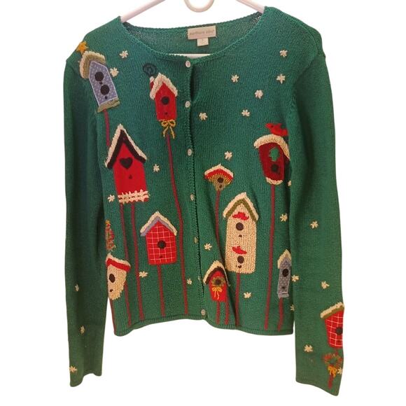 Vintage Northern Isles Christmas Birdhouse Cardigan Sweater Green Size Small - Picture 3 of 7